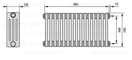 Схема (чертеж) Радиатор Zehnder Charleston 4055/15 №7610 Белый глянцевый RAL 9016